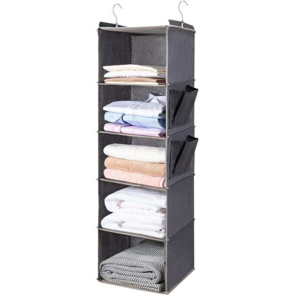 Hanging closet organizer 5 tier shelves with side pockets foldable storage grey